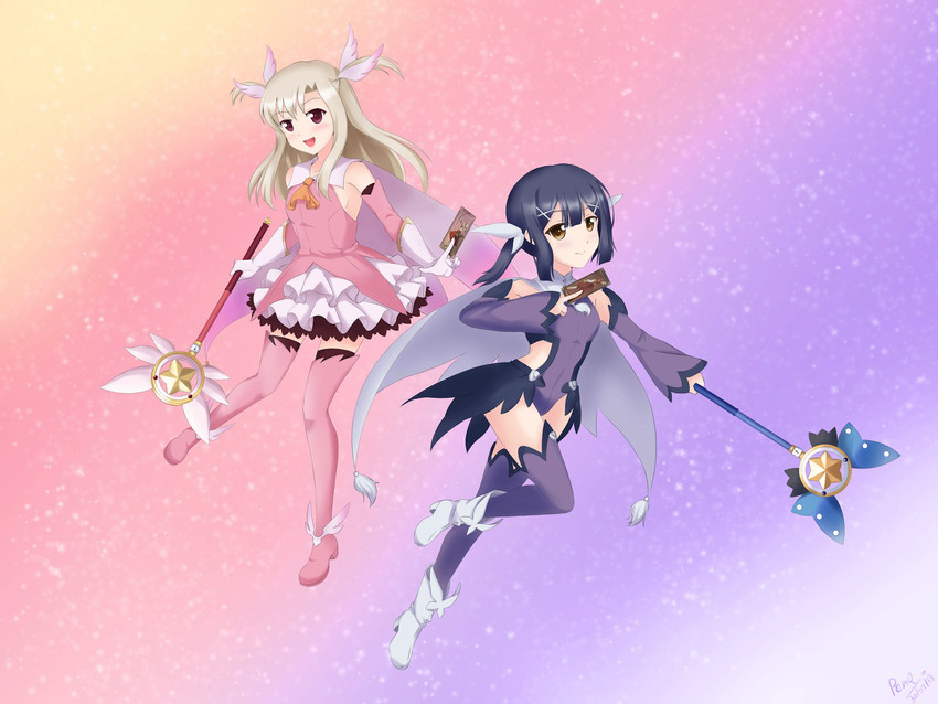 illyasviel von einzbern, miyu edelfelt, prisma illya, magical ruby, magical sapphire, and 2 more (fate and 1 more) drawn by penq