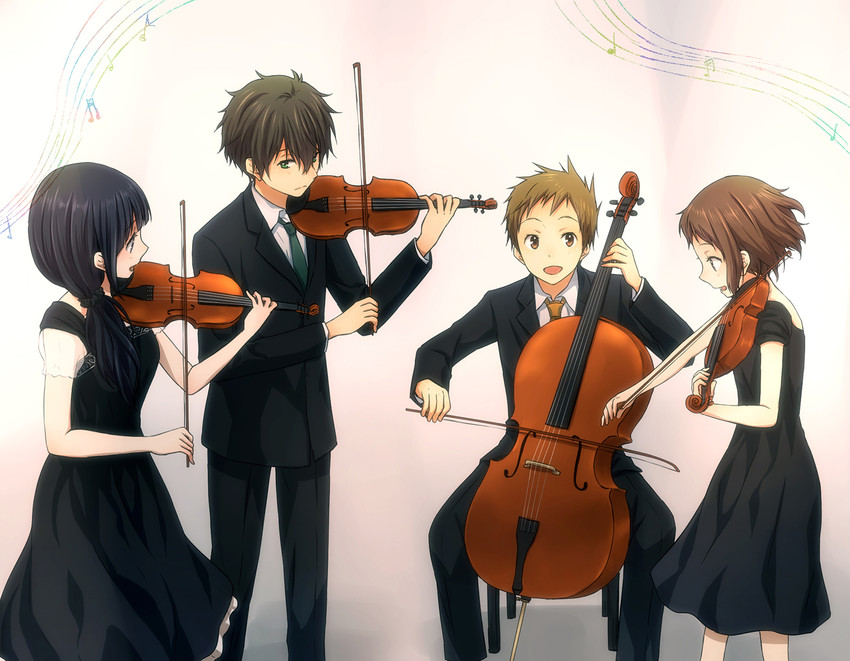 chitanda eru, oreki houtarou, ibara mayaka, and fukube satoshi (hyouka) drawn by rito453