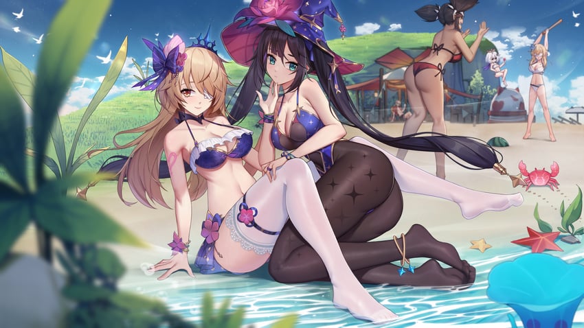 lumine, mona, paimon, kaedehara kazuha, fischl, and 1 more (genshin impact) drawn by xingchee