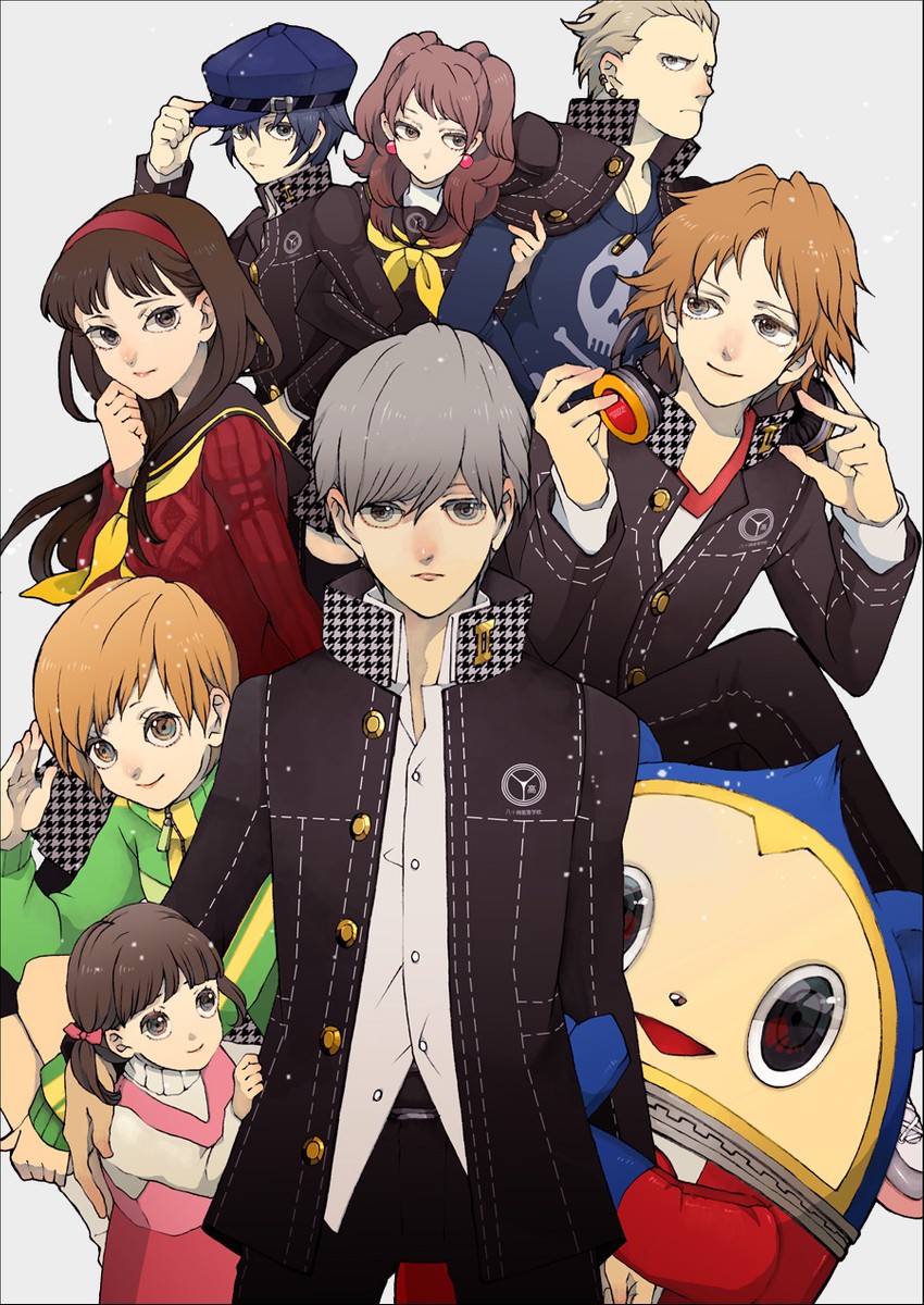 narukami yu, shirogane naoto, satonaka chie, kujikawa rise, amagi yukiko, and 4 more (persona and 1 more) drawn by tonkatsu_(kyarakong)