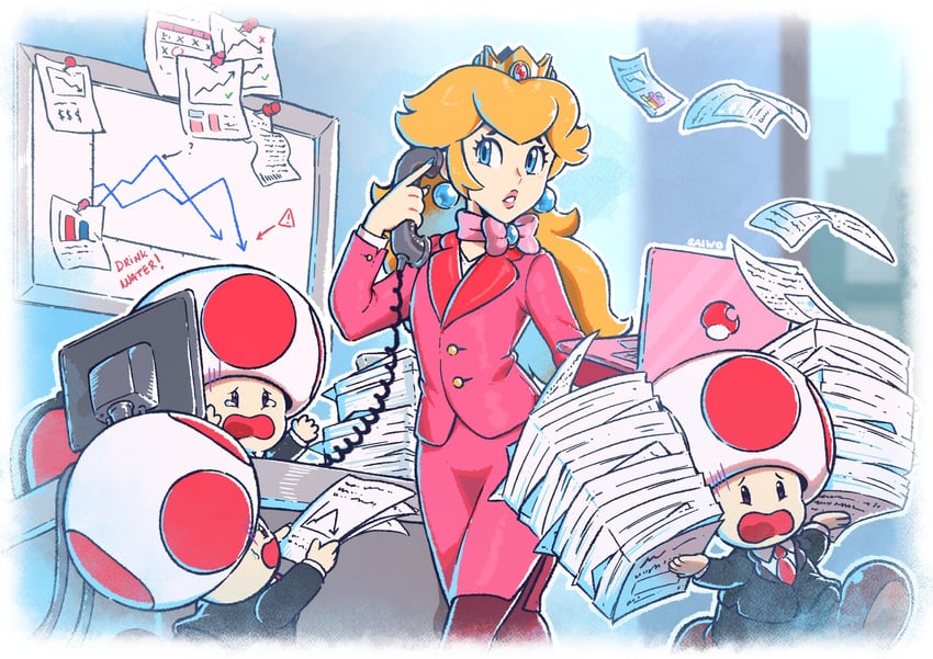 princess peach, toad, and red toad (mario) drawn by saiwo_(saiwoproject)