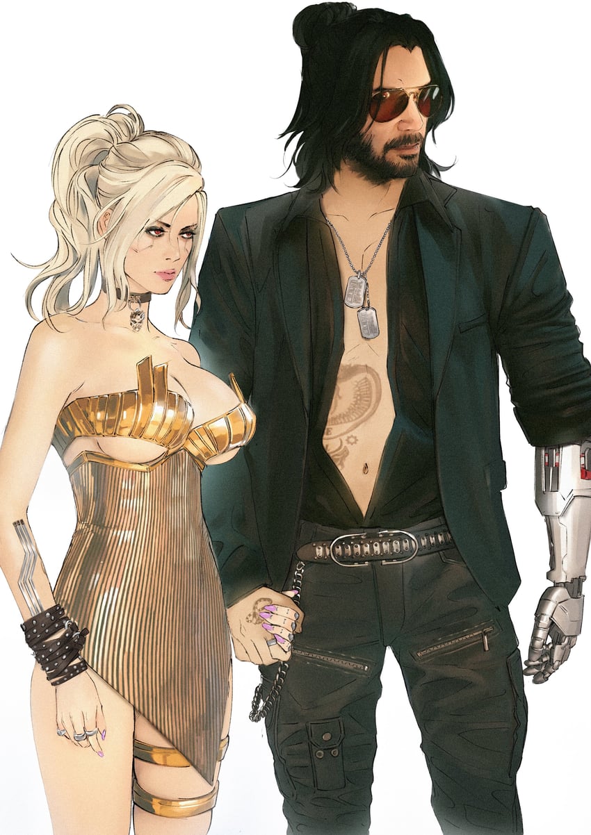 v, valerie, johnny silverhand, and keanu reeves (cyberpunk and 1 more) drawn by argent_moon