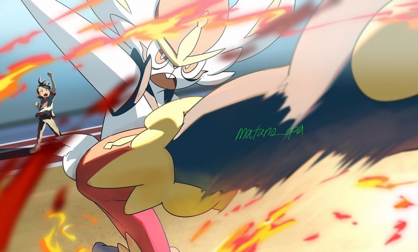 goh and cinderace (pokemon and 1 more) drawn by matsuno_opa