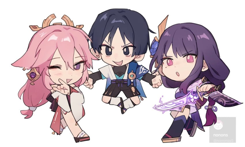 raiden shogun, scaramouche, yae miko, and wanderer (genshin impact) drawn by nonons