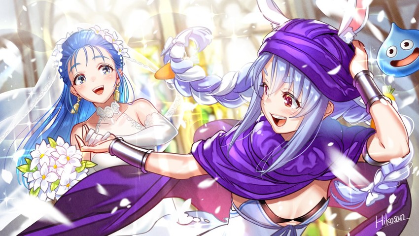 usada pekora, slime, hero, and flora (hololive and 2 more) drawn by hikosan