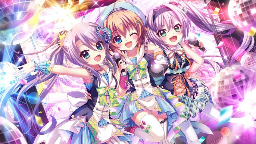 shikimiya mana, tsukisaka sayu, and misaki sango (re:stage!) drawn by izumi_tsubasu