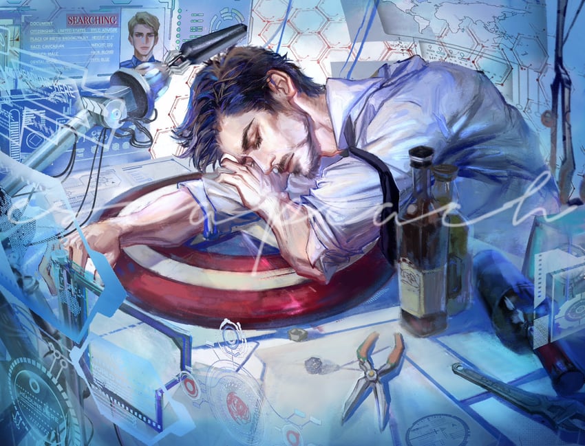steve rogers, captain america, and tony stark (marvel and 2 more) drawn by peachline1106