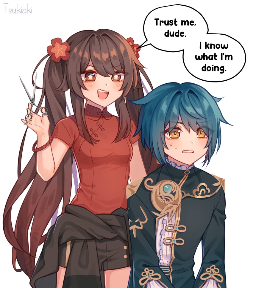 hu tao and xingqiu (genshin impact) drawn by tsukiaki_teriyaki