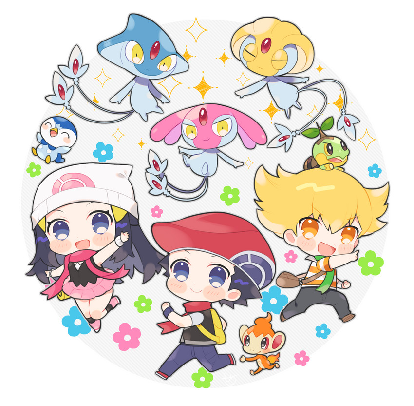 dawn, piplup, lucas, barry, turtwig, and 4 more (pokemon and 1 more) drawn by shichi_(ponpeex)