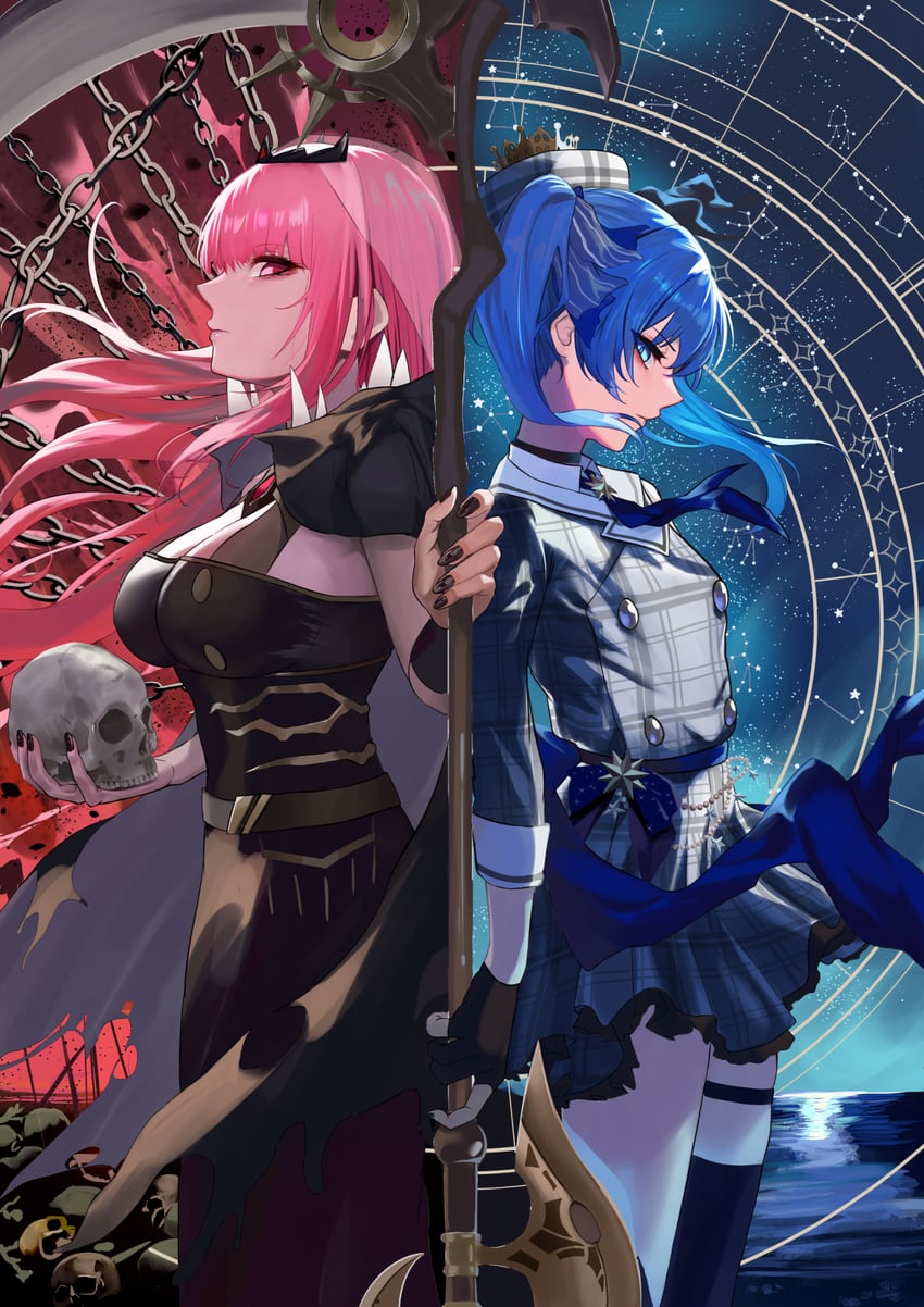 hoshimachi suisei and mori calliope (hololive and 1 more) drawn by yellow_takano