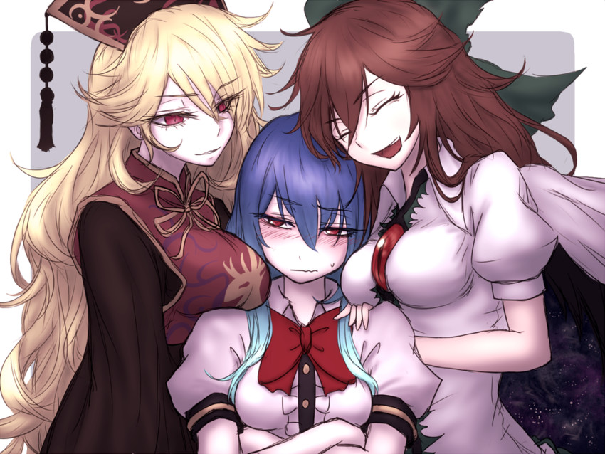 reiuji utsuho, hinanawi tenshi, and junko (touhou) drawn by miata_(miata8674)