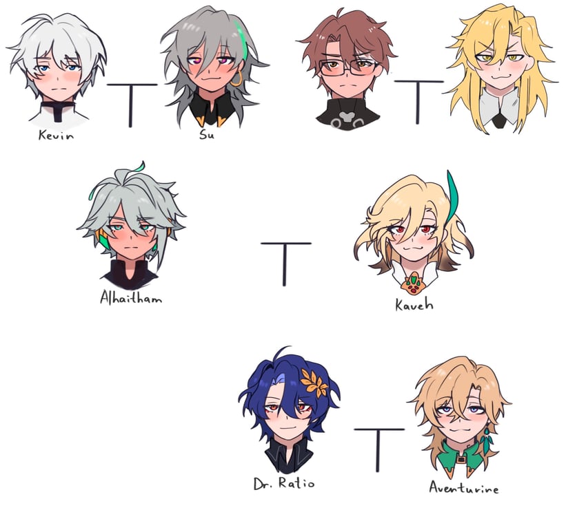 aventurine, alhaitham, kaveh, dr. ratio, welt yang, and 3 more (genshin impact and 4 more) drawn by myotaron