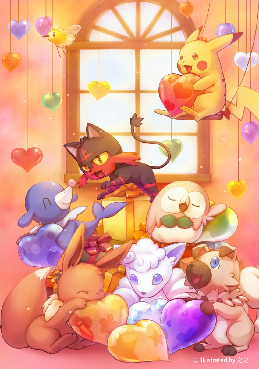 pikachu, eevee, rowlet, popplio, alolan vulpix, and 3 more (pokemon) drawn by shine_cheese