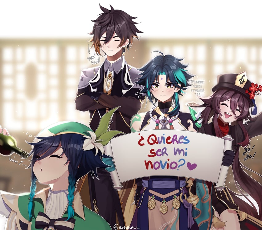 hu tao, zhongli, venti, and xiao (genshin impact) drawn by annidrw