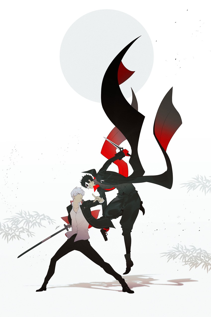 narukami yu, amamiya ren, and joker (persona and 5 more) drawn by btmr_game