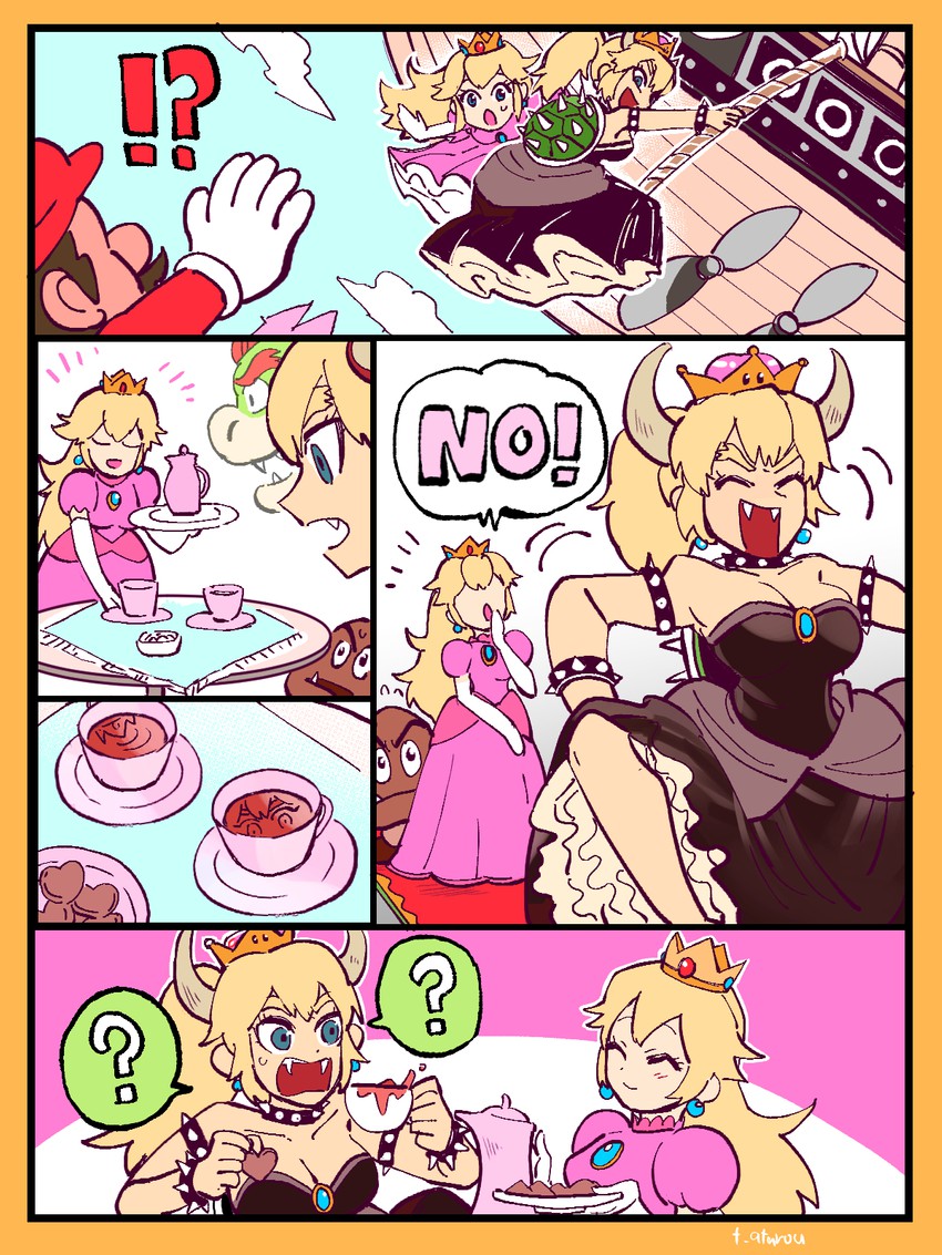 princess peach, mario, bowsette, bowser, and goomba (mario and 1 more) drawn by t_atarou