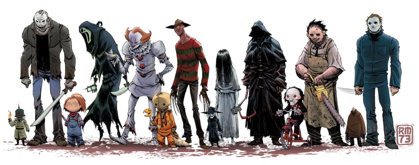 yamamura sadako, jason voorhees, ghostface, pennywise, freddy krueger, and 6 more (the ring and 11 more) drawn by rm73