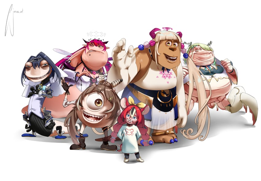 ouro kronii, nanashi mumei, hakos baelz, ceres fauna, irys, and 6 more (hololive and 2 more) drawn by jamwes