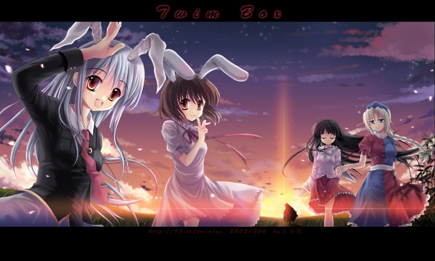 reisen udongein inaba, fujiwara no mokou, houraisan kaguya, inaba tewi, and yagokoro eirin (touhou) drawn by sousouman