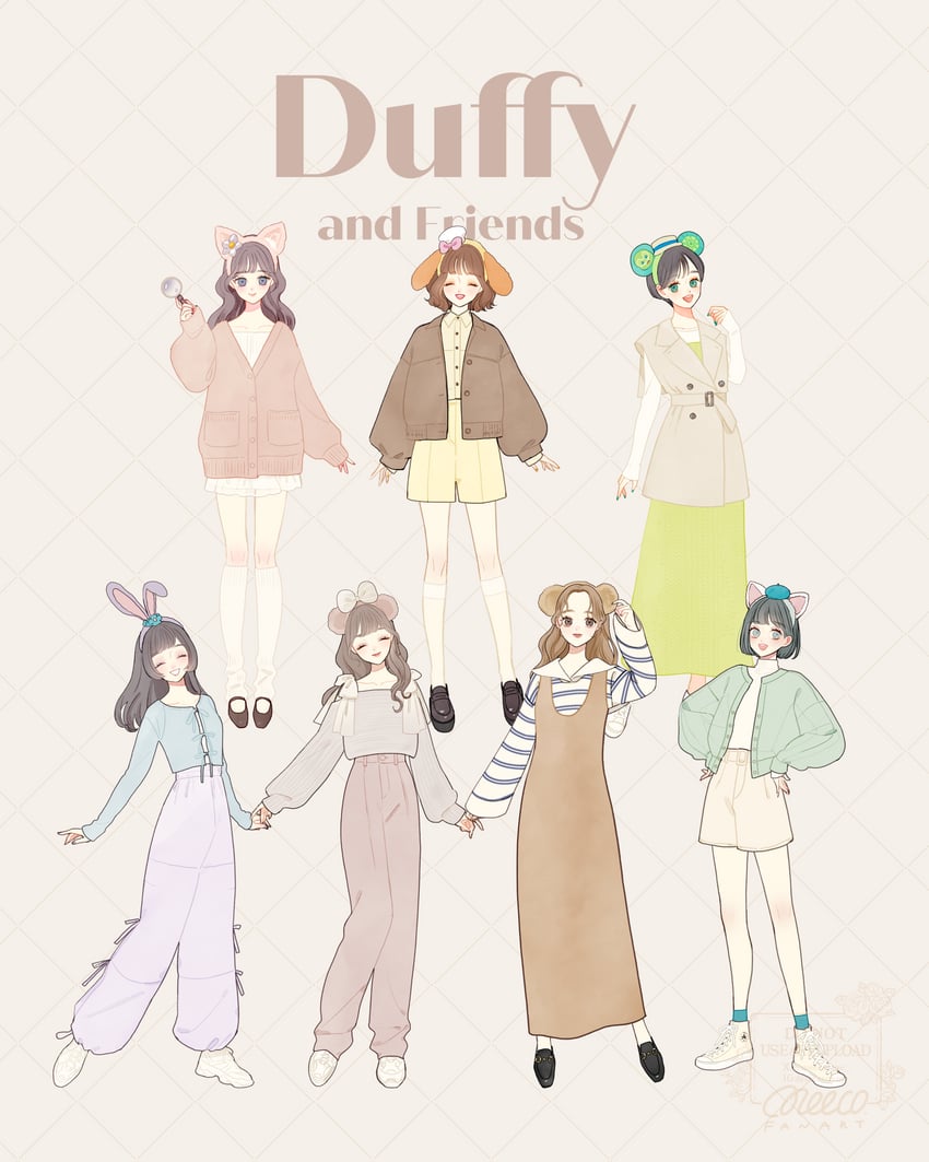 duffy the disney bear, shelliemay, stellalou, gelatoni, cookieann, and 2 more (duffy and friends) drawn by meecosme