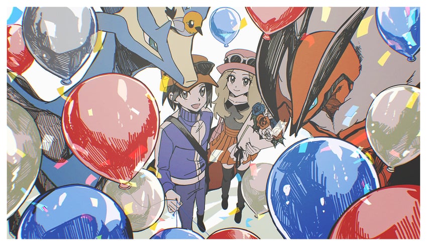 serena, calem, fletchling, yveltal, and xerneas (pokemon and 1 more) drawn by asagiri_kogen