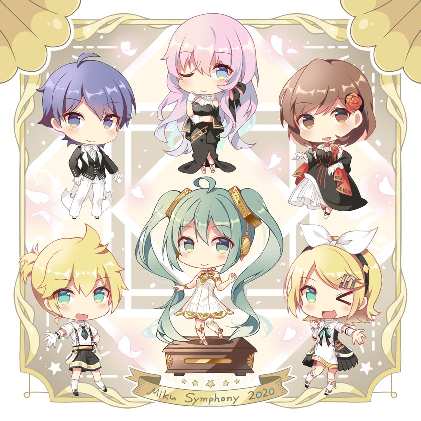 hatsune miku, kagamine rin, kagamine len, megurine luka, kaito, and 2 more (vocaloid and 1 more) drawn by sirokuma_shake