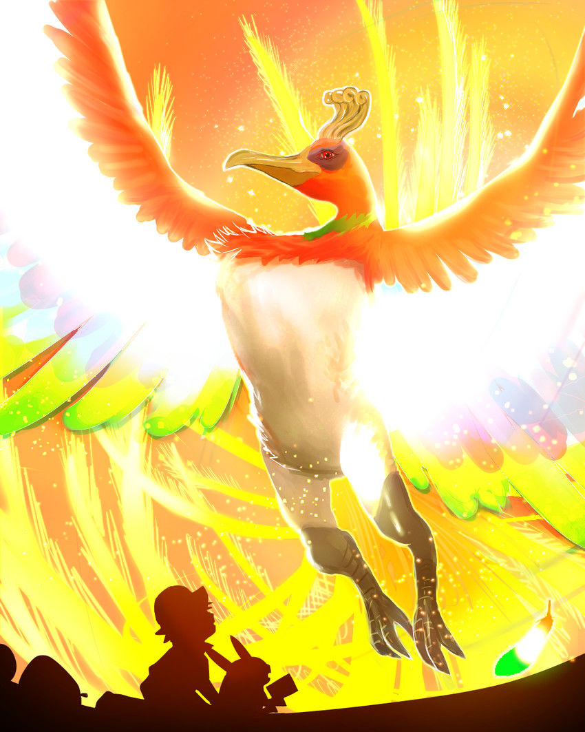 pikachu, ash ketchum, and ho-oh (pokemon) drawn by cosmo_(465lilia)