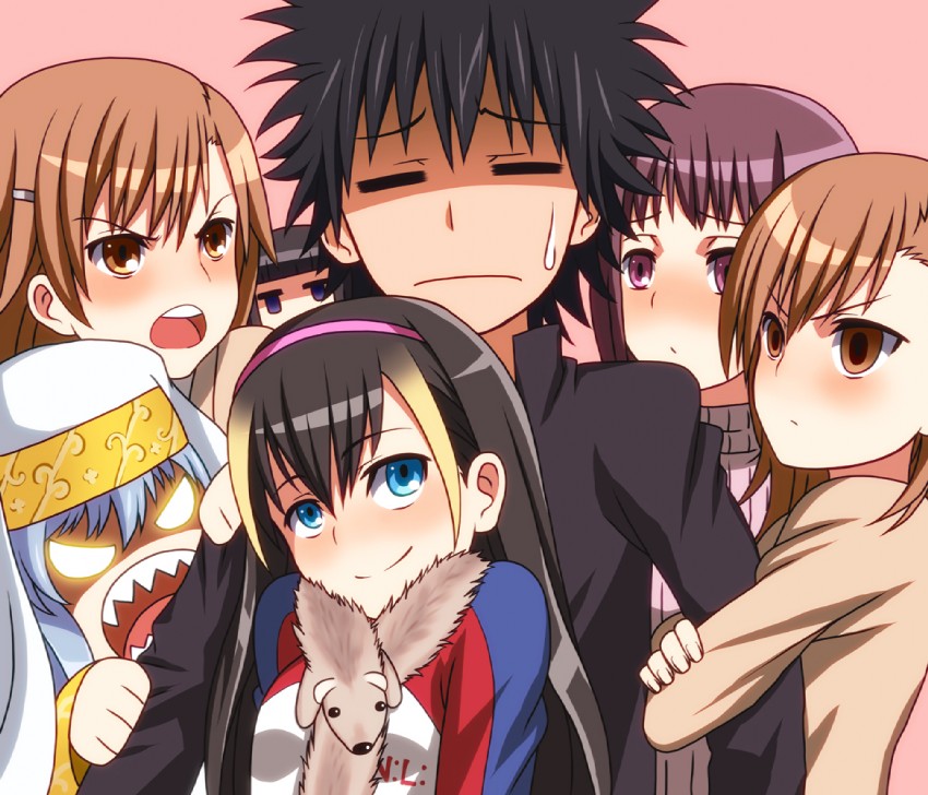 misaka mikoto, kamijou touma, index, misaka imouto, itsuwa, and 2 more (toaru majutsu no index and 1 more) drawn by laco_soregashi