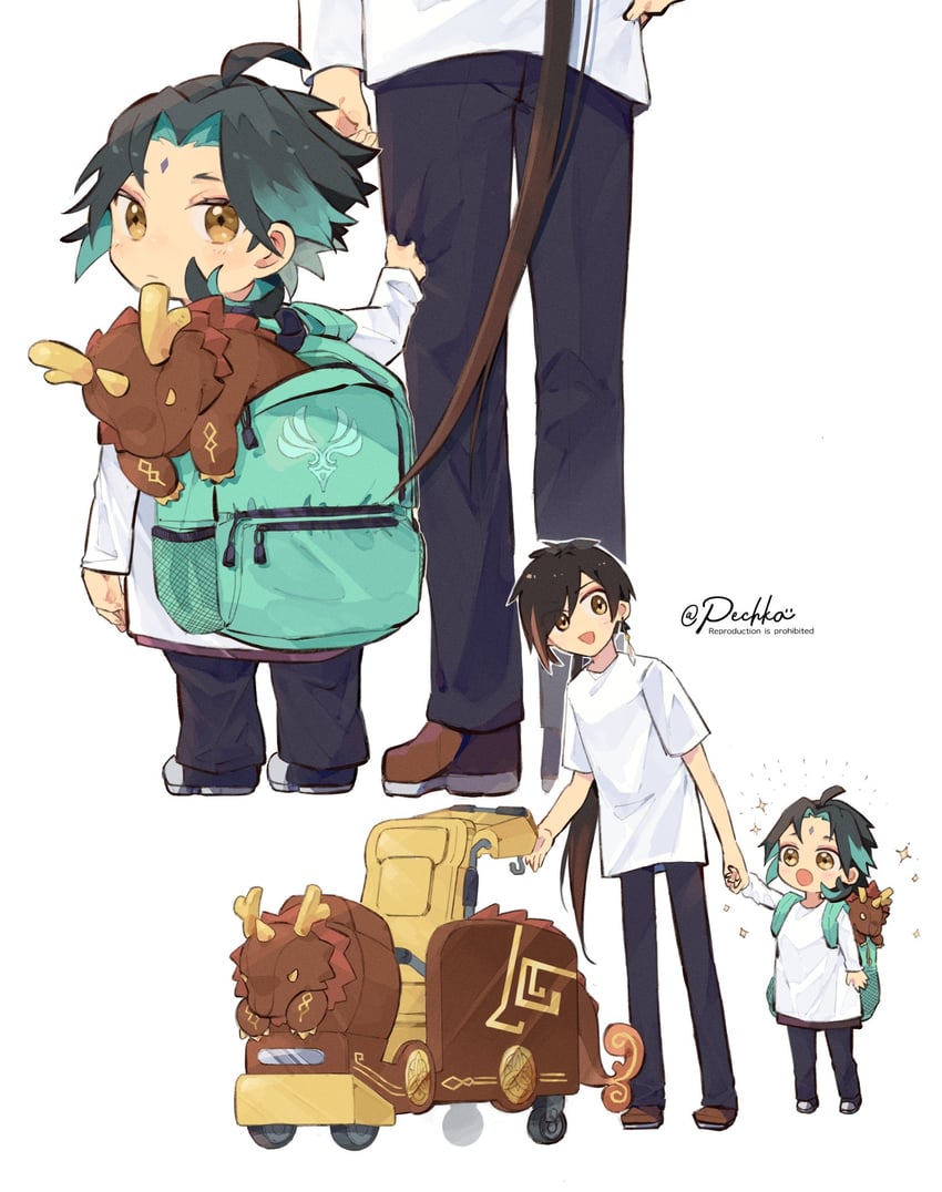 zhongli, xiao, and rex lapis (genshin impact) drawn by pechka