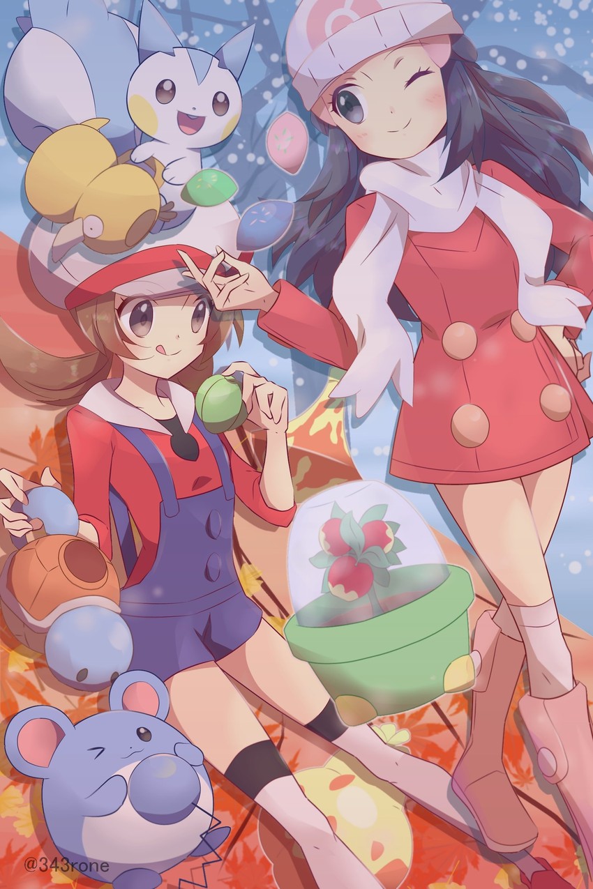 dawn, lyra, squirtle, psyduck, pachirisu, and 1 more (pokemon and 3 more) drawn by 343rone