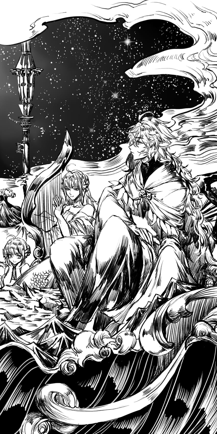 artoria pendragon, saber, and merlin (fate and 1 more) drawn by aizendai