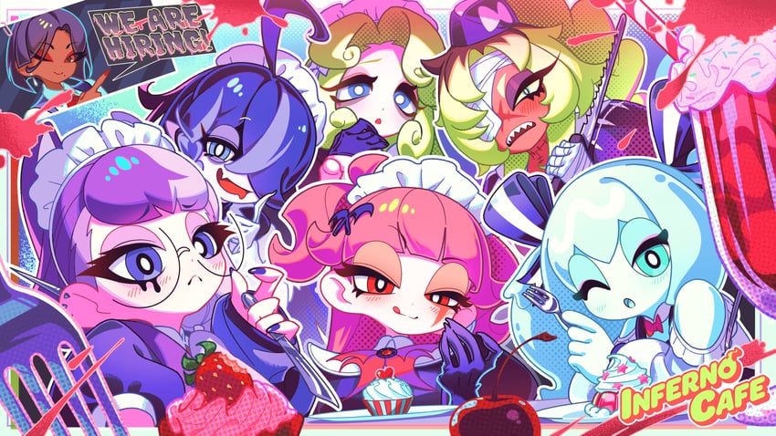 zatahnia, hibana, raychell, belle, simone, and 2 more (inferno cafe) drawn by donuttypd