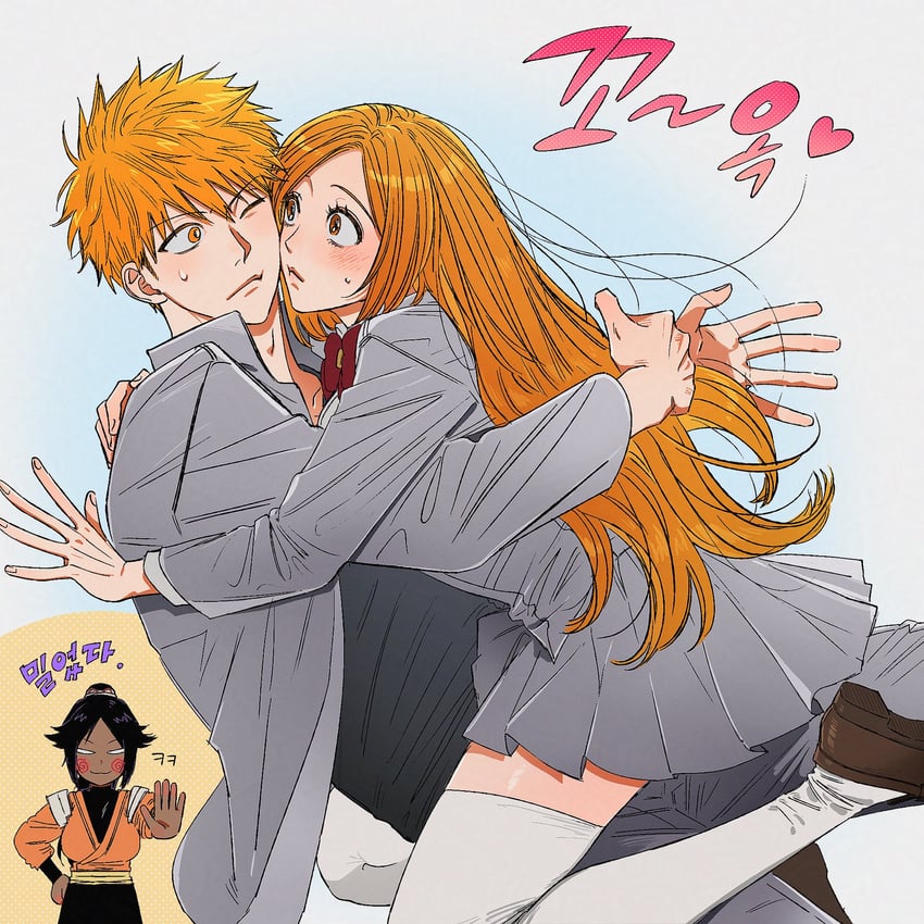 shihouin yoruichi, inoue orihime, and kurosaki ichigo (bleach) drawn by nono0o715