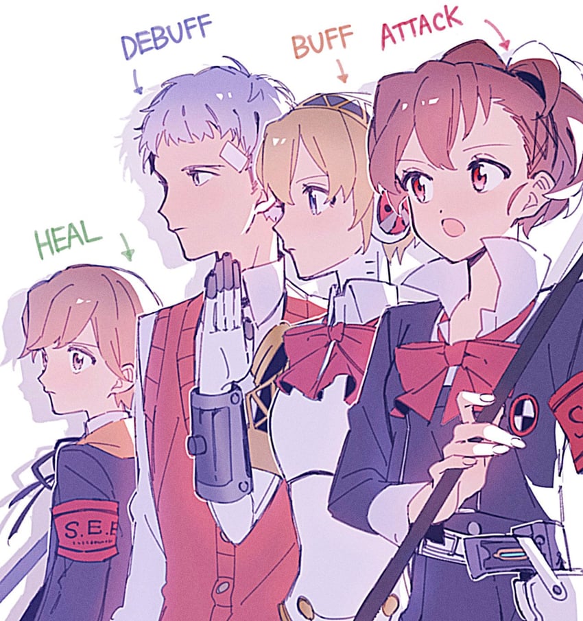 aigis, shiomi kotone, sanada akihiko, and amada ken (persona and 2 more) drawn by paitan1007