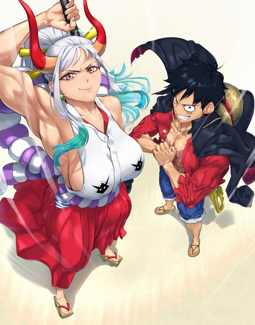 monkey d. luffy and yamato (one piece) drawn by qtime_702