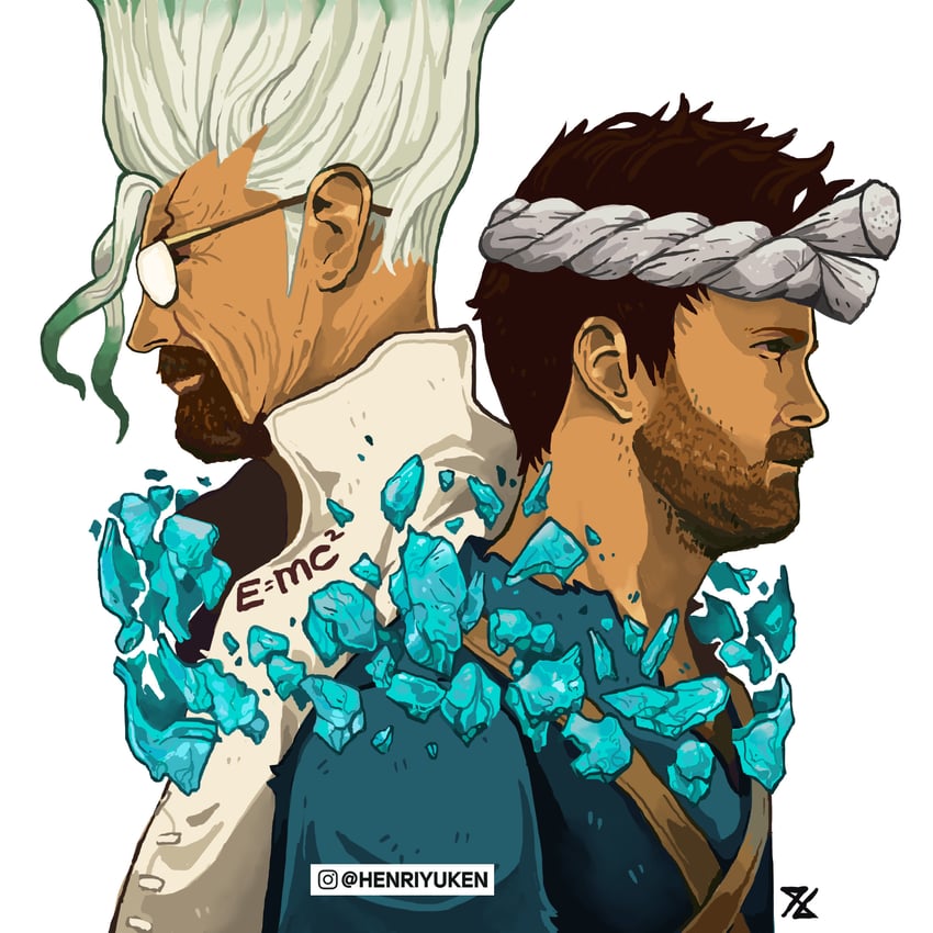 ishigami senkuu, walter white, jesse pinkman, and chrome (dr. stone and 1 more) drawn by henrie_zamora