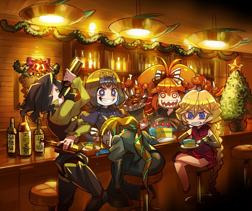 carol malus dienheim, garie tuman, micha jawkan, phara suyuf, leiur darahim, and 1 more (senki zesshou symphogear) drawn by murakami_hisashi