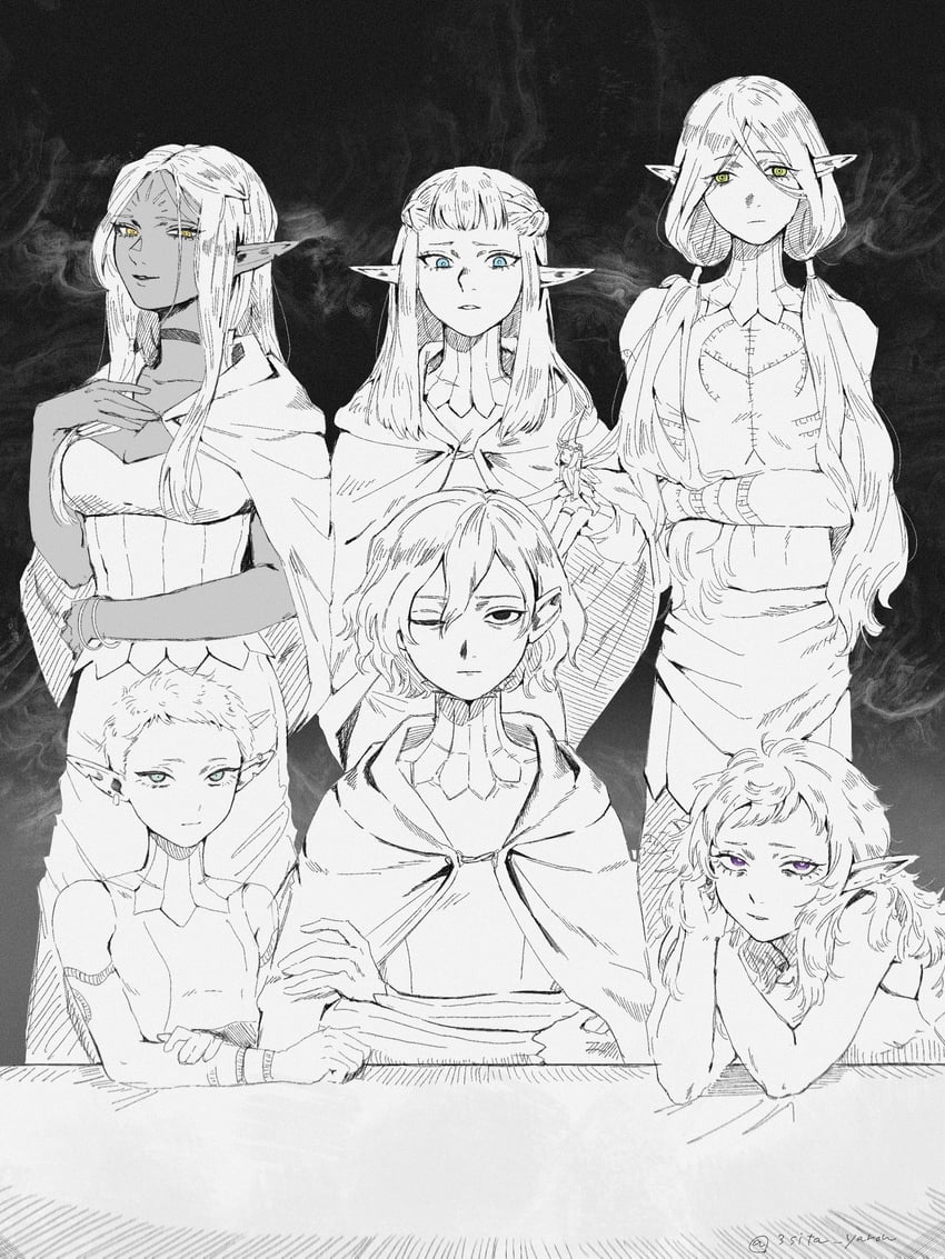 mithrun, fleki, lycion, pattadol, cithis, and 1 more (dungeon meshi) drawn by momite_(3sita_yarou)