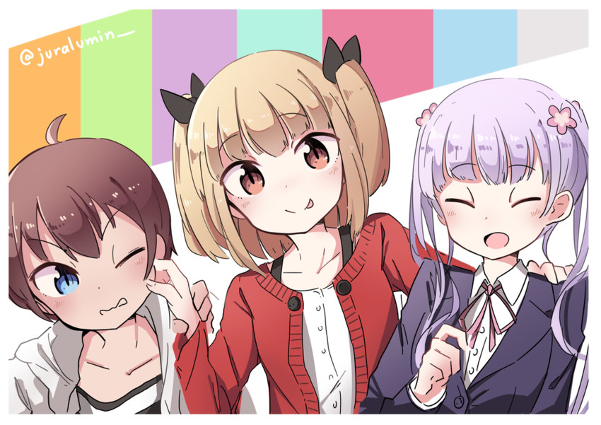 suzukaze aoba, iijima yun, and shinoda hajime (new game!) drawn by juralumin