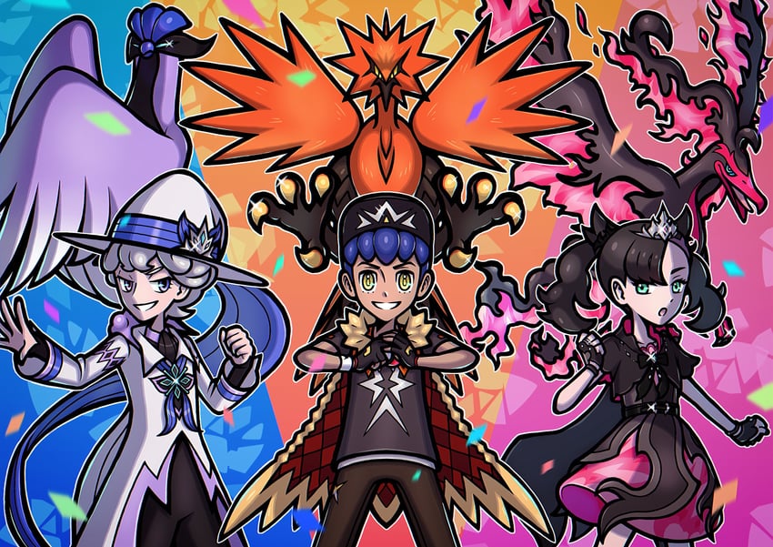 galarian moltres, galarian zapdos, galarian articuno, marnie, bede, and 1 more (pokemon and 1 more) drawn by mimimicabip