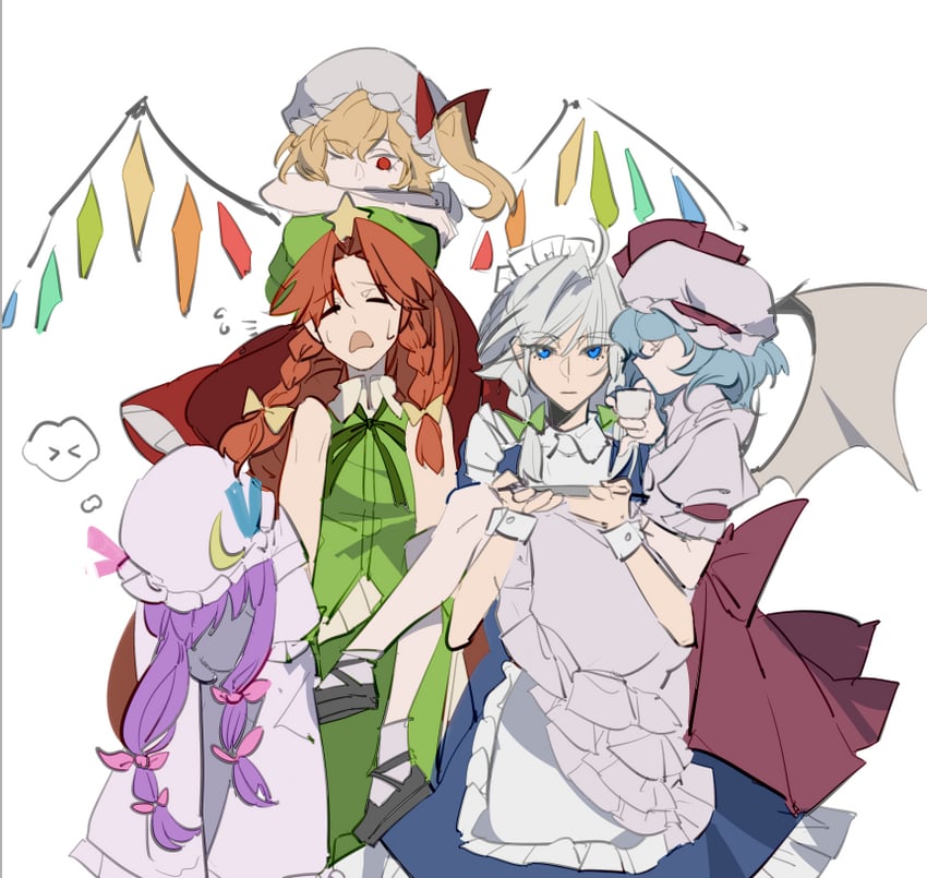 remilia scarlet, flandre scarlet, izayoi sakuya, patchouli knowledge, and hong meiling (touhou) drawn by xian_qishui