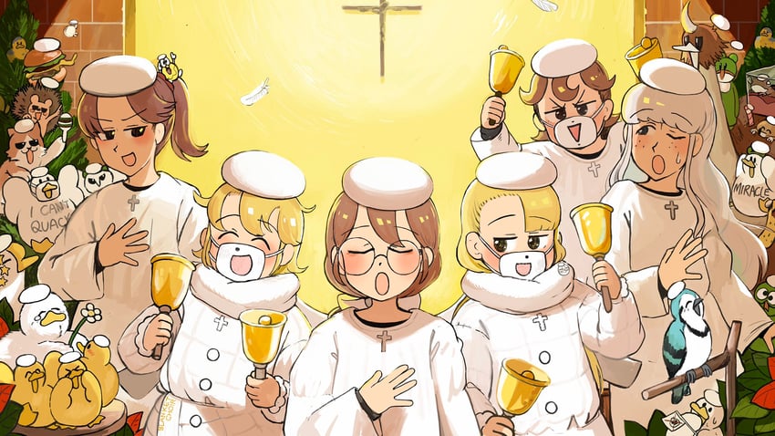 clumsy nun, froggy nun, spicy nun, sheep nun, glasses nun, and 1 more (little nuns) drawn by diva_(hyxpk)