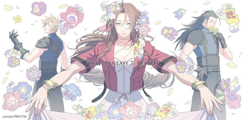 cloud strife, aerith gainsborough, and zack fair (final fantasy and 2 more) drawn by t3_(19841230)