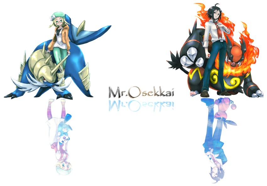 oshawott, bianca, tepig, cheren, emboar, and 1 more (pokemon and 2 more) drawn by mariemon
