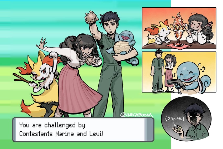 squirtle, braixen, marina, and levi (pokemon and 2 more) drawn by inikaboom