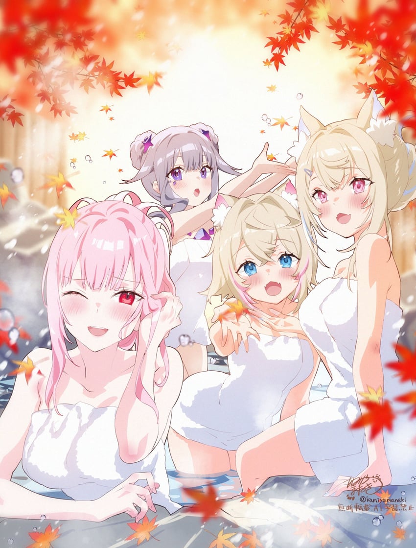 mori calliope, fuwawa abyssgard, mococo abyssgard, and koseki bijou (hololive and 1 more) drawn by kamiya_maneki