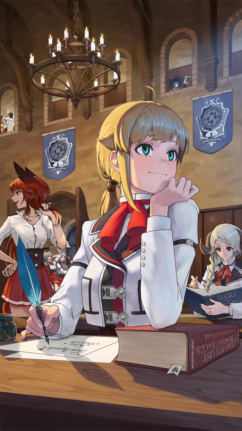 roxy migurdia, norn greyrat, elinalise dragonroad, rinia dedoldia, pursena adoldia, and 1 more (mushoku tensei) drawn by aqwariate