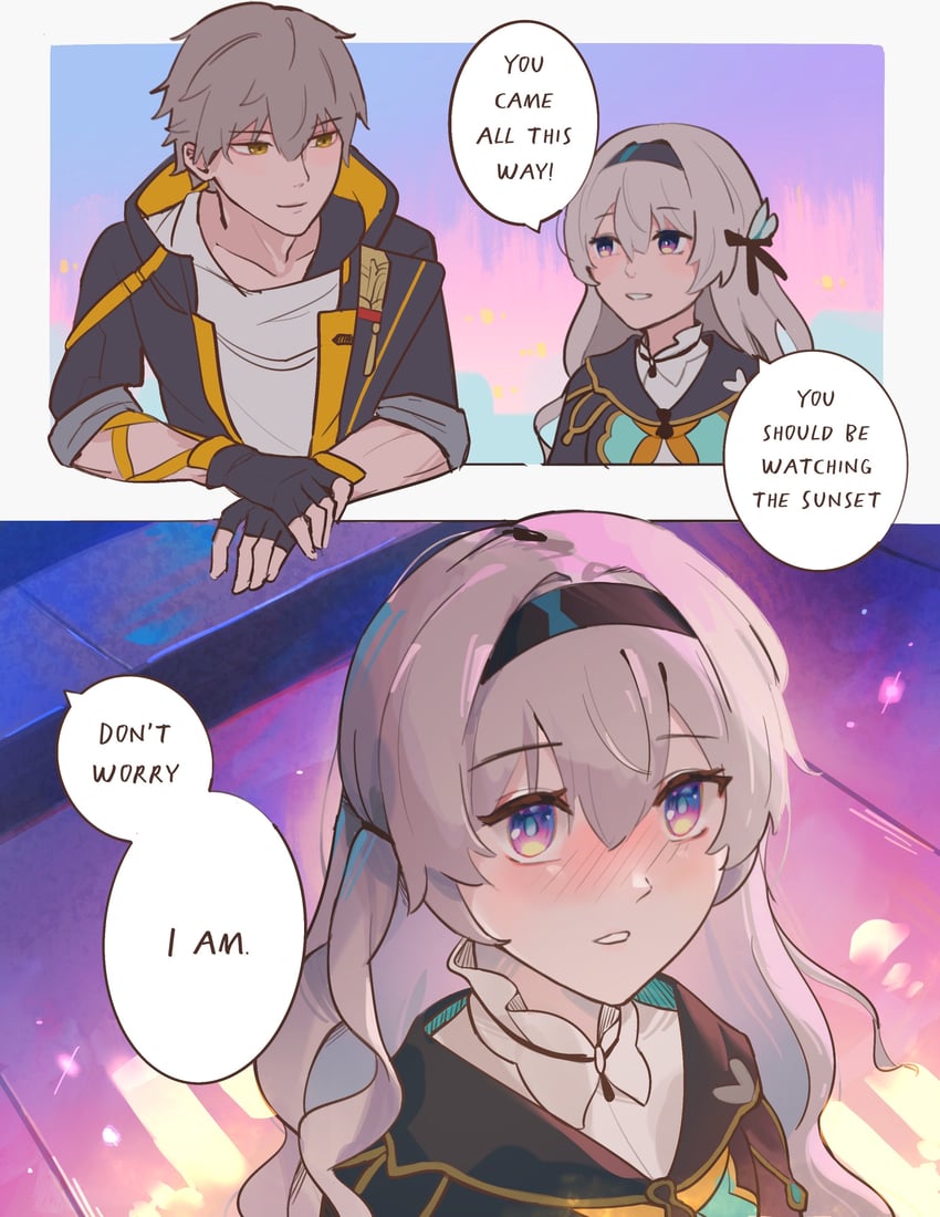 trailblazer, firefly, and caelus (honkai and 1 more) drawn by luna_chai