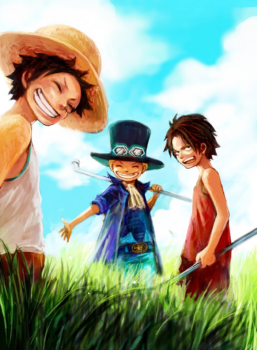 monkey d. luffy, portgas d. ace, and sabo (one piece) drawn by tsuyomaru