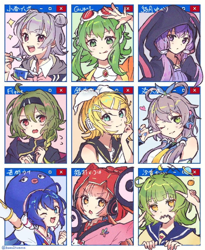 kagamine rin, yuzuki yukari, gumi, hello kitty, otomachi una, and 5 more (vocaloid and 8 more) drawn by suama_(haruichi)